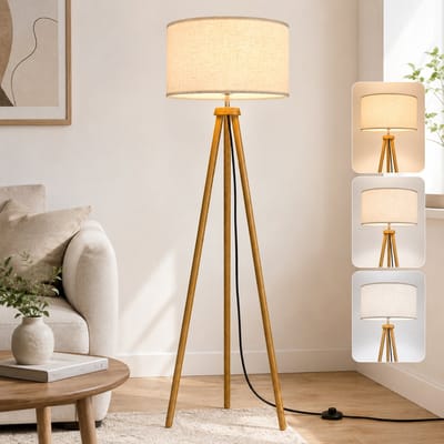 Rosnek Staande Lamp - Vloerlamp met Driepoot - Scandinavisch Design Tripod met Stoffen Lampenkap - 3 Lichtkleuren - Voetschakelaar - Inclusief 12W LED Lamp - Moderne Leeslamp voor Woonkamer Slaapkamer en Kantoor - Houtnerfkleur - H 150 cm