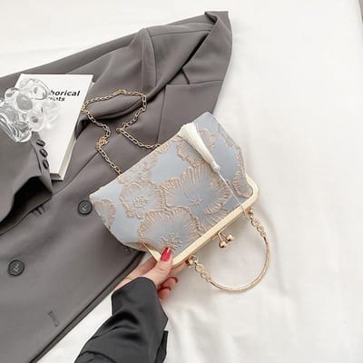 Sac de Soirée Vintage pour Femmes Pochette à Fermoir Kiss Lock à Poignée Supérieure Sacoche à Bandoulière Chaîne Petit Sac Bandoulière avec Pompon Sac à Main de Soirée pour Mariage Fête Bal gray