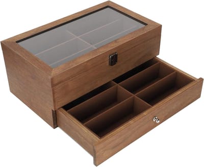 Houten Opbergdoos - Brillen Etui - Brillen Organiseren - Dubbele Laag - 12 Vakken - Natuurlijk Hout