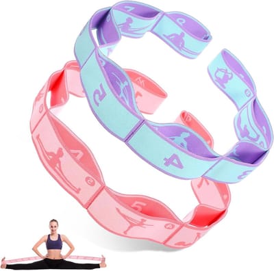 Set van 2 Elastische Yoga Stretch Bands met 8 Lussen voor Fitness, Pilates en Dansoefeningen