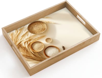 Dienblad hout 40x30 cm - Schootdienblad - Granen - Hout - Kom - Beige - Borrelplank rechthoek - Plateau dienbladen
