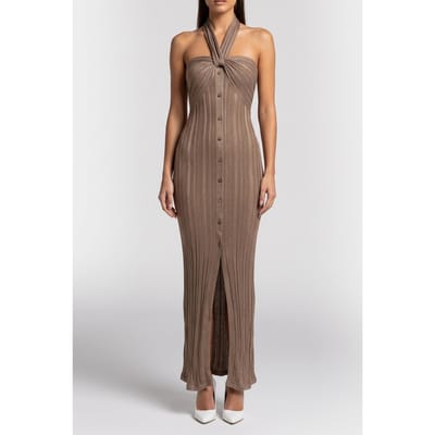 GUESS Gia Maxi Swtr Dress Natural Almond + Gol Maat: 38 | Maxi Jurken Outlet | Dames | Bruin