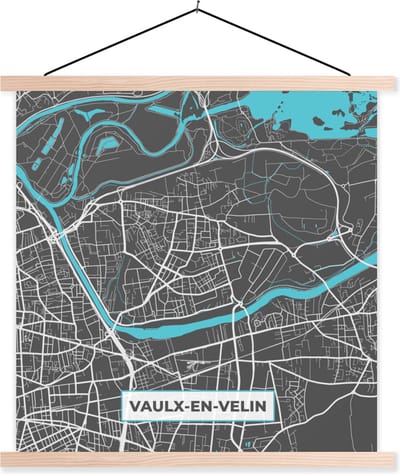 Posterhanger incl. Poster 40x40 cm - Schoolplaat - Vaulx-en-Velin - Frankrijk - Stadskaart - Kaart - Plattegrond - Textielposter - Blanke latten - Stadskaart