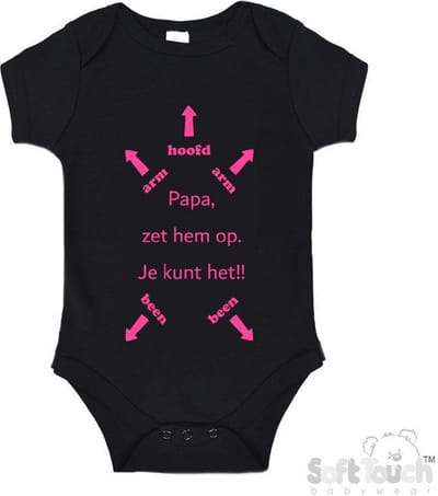 100% katoenen Romper "Papa, zet hem op. Je kunt het!!" + Hoofd Meisjes Katoen Zwart/roze Maat 62/68