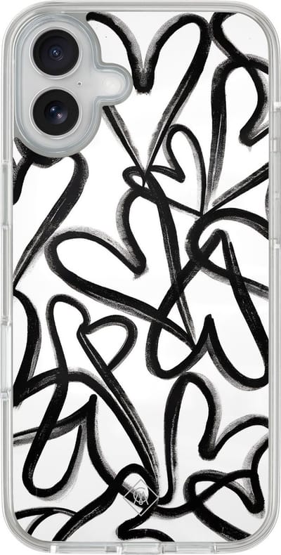 Casimoda® hoesje - Geschikt voor iPhone 16 - Midnight Hearts - 2-in-1 case - Schokbestendig - Illustratie - Verhoogde randen - Zwart, Transparant
