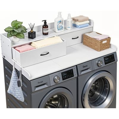 VEVOR Wasmachine en Droger Bovenplaat met Schroef, 137 X 69,9 cm Houten Wassers en Drogers Bovenplaat met 2 Laden & Hooks, Waskamers Bovenplaat voor Waskamers Pantry Counter Organisatie en Opslag, Wit