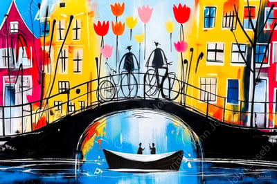 John Joseb Art (Aluminium) 120x80 | Amsterdam, tulpen, fiets, brug, boot in Herman Brood stijl, abstract, kleurrijk, kunst | huizen, bloemen, stad, Nederland, rood, geel, blauw, modern | foto-schilderij op dibond, metaal wanddecoratie