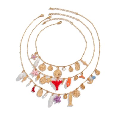 My Sweet Romance® - Dames Ketting 3-Delig - Goudkleurig met Kleurrijke Bedels (Schelpen, Vissen, Munten)