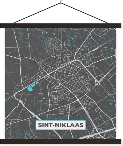 Posterhanger incl. Poster 60x60 cm - Schoolplaat - België – Sint Niklaas – Stadskaart – Kaart – Blauw – Plattegrond - Textielposter - Zwarte latten - Stadskaart