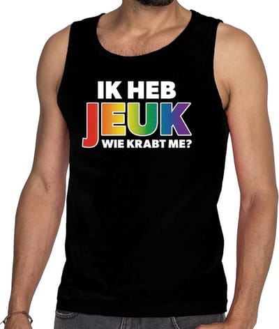 Gaypride ik heb jeuk wie krabt me? tanktop/mouwloos shirt - zwart regenboog homo singlet voor heren - gaypride S