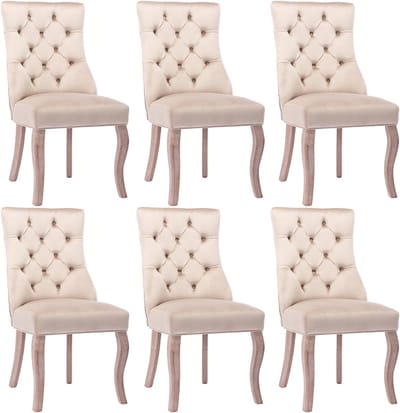 Welltin - Set van 6 eetkamerstoelen - Eettafelstoel - Eetkamerstoel - Keukenstoel - Stoel - Fluweel - 51x51x97 cm - Beige