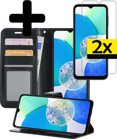 Hoesje - Met 2x Screenprotector - Geschikt voor Samsung Galaxy A14 - Luxe Pasjeshouder - Bookcase Portemonee - Flip Case - Kunstleer Book Case - Flipcase Hoes - Book Cover - Walletcase - Portemonneehoes - Telefoonhoesjes - Zwart