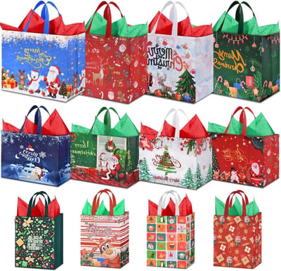 12 Stuks Herbruikbare Kersttassen met Handvatten, Inclusief Extra Grote, Grote en Middelgrote Non-Woven Tassen voor Cadeaus en Decoratie