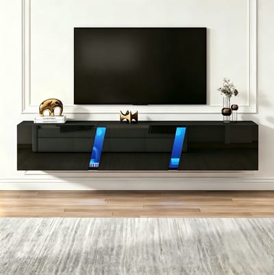 HAUSS SPOLE Tv Meubel - Wandgemonteerde Kast Met Ledverlichting En 3 Klepdeuren - Voor Woonkamer - Spaanplaat En Acryl - 180x35x30 Cm - Zwart