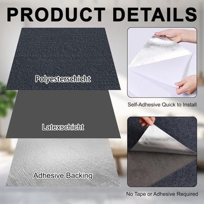 Set van 10 Zelfklevende Tapijttegels 40 x 40 cm voor Kantoor, Hotel en Thuisgebruik - Donkergrijs, Ideaal voor Maatwerk en Vloerbedekking, 1.6 m²
