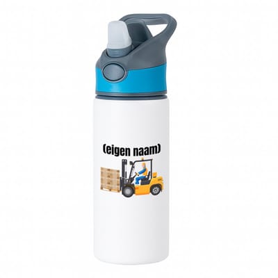 Hacebo® - heftruck met pallet met eigen naam waterfles met rietje blauw - Heftruck - mensen die werken in de magazijn - collega's - verjaardag - afscheidscadeau - geschenk - kado - water fles - 650ML