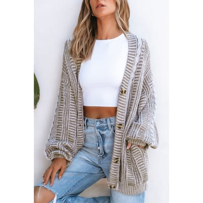 Bruine kabelgebreide lange mouwen lange cardigan