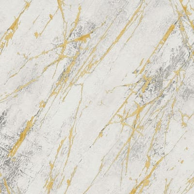 Steen tegel behang Profhome 388173-GU vliesbehang hardvinyl warmdruk in reliëf gestructureerd in marmerlook mat wit goud grijs 5,33 m2