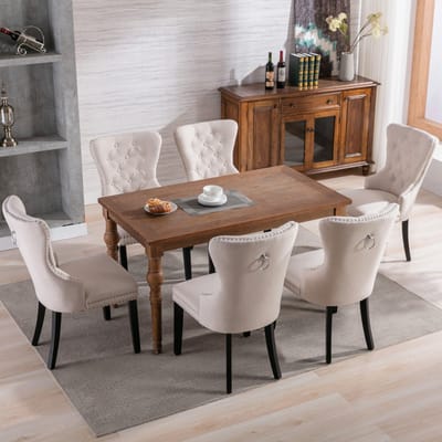 Eetkamerstoelen - Set van 6 - Eetkamerstoel met Eikenhouten Poten - Moderne Stoel - Knopen Details - Chromen Nagelkop Afwerking - Keukenstoel - Woonkamerstoel - Slaapkamerstoel - Lounge Stoel - Vrijetijdsstoel - Beige