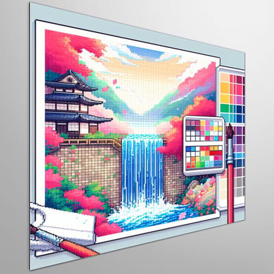 Pixel art aquarel schilderij | Prachtig geaquarelleerd kunstwerk in pixelstijl, pixel art masterpiece | Kunst - 100x100 centimeter op Dibond | Foto op Dibond