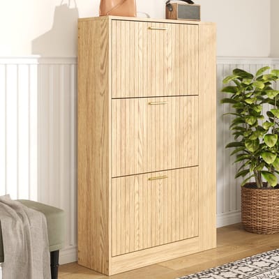 MODENUIT Schoenenkast - Drie Deuren Met Open Zijvakken - Voor Hal En Slaapkamer - MDF Naturel - 70x23,5x115 Cm
