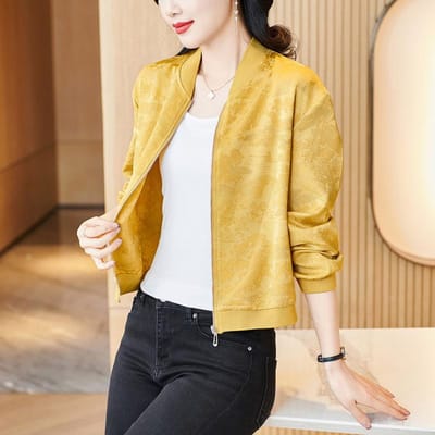 Lente Nieuw High-end Casual Losse Bovenkleding Jacquard Jas Zwart Veelzijdig Opstaande Kraag Moeder Top Vrouwen 4XL geel