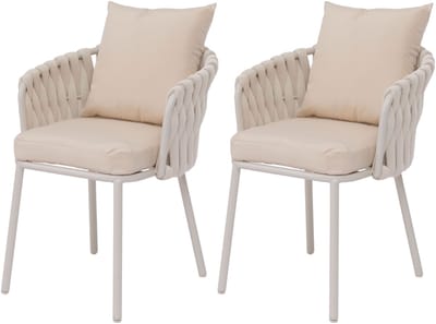 Set van 2 aluminium tuinstoelen MCW-P89, tuinstoel Outdoor stoel, stof/textiel (180 g/m²) touwvlechtwerk Rope ~ crème