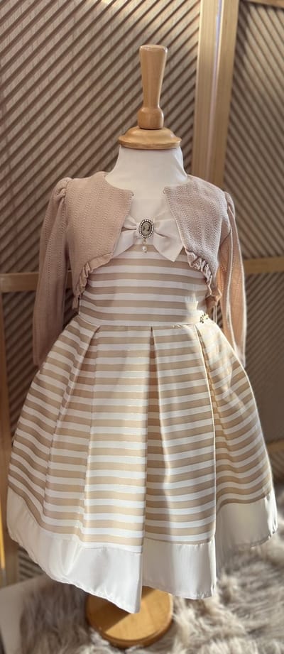 luxe feestjurk met jas en tasje-vintage jurk met broche-bruiloft-foto-verjaardag-doopsel-streepjes-creme beige goud kleur-katoen- 1 tem 2 jaar maat 92
