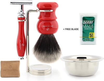 Gepersonaliseerde luxe scheerset, scheerset, synthetische scheerkwast – Kerstcadeau voor heren – Cadeau voor vader – Vaderdag rode kleur (scheerset)