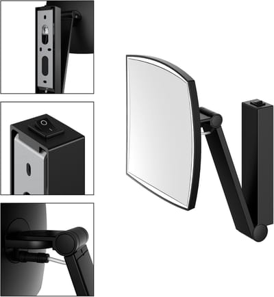 KEUCO Wand-Make-Up-Spiegel met zwenkarm, LED-verlichting, 5-voudige vergroting, tuimelschakelaar, 20 x 20 cm, hoekig, zwart mat, tuimelschakelaar, Cosmetische spiegel iLook_Move