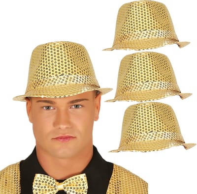Fiestas Guirca Carnaval verkleed hoedje - 4x - glitter goud - volwassenen/heren - met paillette