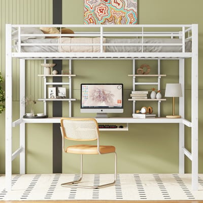 Hoogslaper 140x200 cm met bureau en twee boekenplanken - kinderen - tieners en volwassenen - wit
