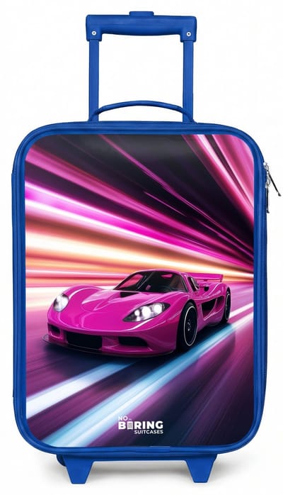 NoBoringSuitcases.com® - Kinderkoffer blauw - Kindertrolley jongen - Roze raceauto flitst door neonlicht - Koffer kind lichtgewicht - Reiskoffer trolley voor kinderen - Koffertje met lichtgevende wieltjes - Rolkoffer