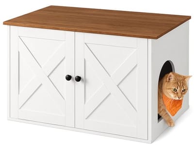 Trendique - Kattenbak kast - Kattenbak ombouw - Kattenhuis - Kattenmeubel - Met scheidingswand - Wit houten kast - 80x53x50cm