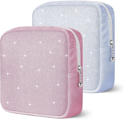 Allecto Plus - Set van 2 stuks maandverband met ritssluiting - Draagbare hygiënische tablettas voor dames en meisjes - Blauw en roze - Cadeaus voor meisjes met handige ritssluiting