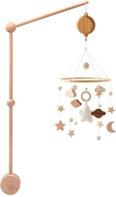 Baby Mobiel Sterren met Houten Mobiel Houder en Muziekbox - Boxmobiel – Babyshower Cadeau - Baby Mobiel – Wieg Mobiel – Kraamcadeau