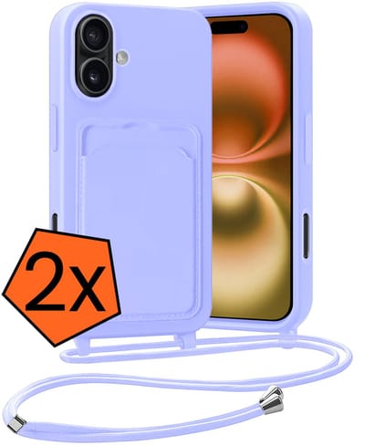 Hoesje Geschikt voor iPhone 16 Plus Hoesje Met Telefoonketting Pasjeshouder Case Koord - Hoesje Geschikt voor iPhone 16 Plus Hoes Met Kaarthouder - Lila - 2 PACK