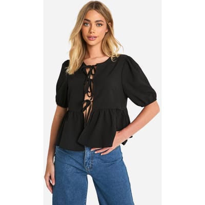 boohoo Dames Textuur smock top met strikdetail aan de voorkant en pofmouwen | Black | Maat: 6