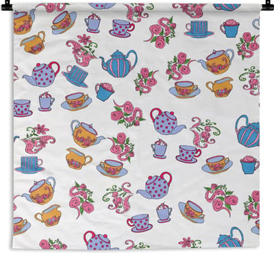 Wandkleed - Wanddoek - Patronen - Thee - Rozen - Theepot - 90x90 cm - Wandtapijt