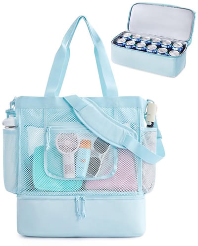 Dames Strandtas – Mesh Tote met Rits – Dames strandtas – Opvouwbaar en lichtgewicht– Voor Zwemmen, Cruise & Zwembad - Lichtblauw