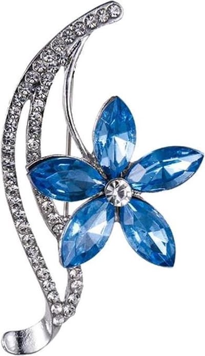 Fako Bijoux® - Broche - Bloem - Ster - Kristal - Blauw - 27x50mm - Zilverkleurig