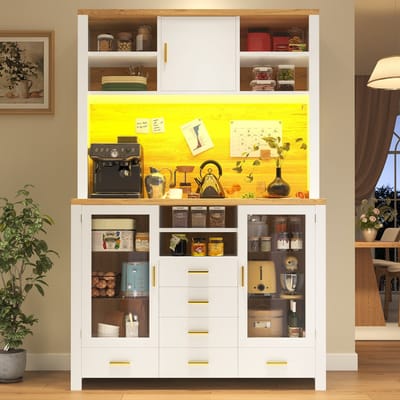 PHOEBE CAT Keukenkast - Dressoir - 6 lades - LED-verlichting - Houtnerf - Wit + Naturel