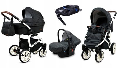 BabyLux® Kinderwagen 4in1 – OPTIMAL - BLACK FLEX WHITE FRAME - Opklapbare Wandelwagen incl. Reiswieg, Multifunctionele Buggy Sportstoel, Autostoel, ISOFIX basisstation - Combi-kinderwagen met Luiertas, Regenhoes, Klamboe