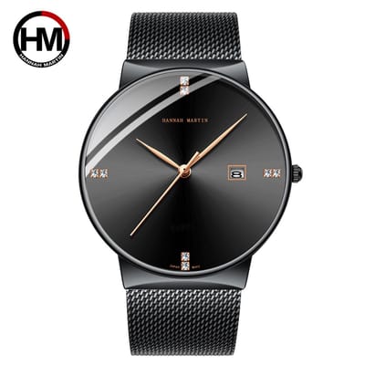 HANNAH MARTIN Herenhorloge met Kristalaccenten, Zwarte Metalen Polsband, Zwarte Wijzerplaat, Zwarte Horlogekast en Gouden Wijzers ( Model 901 WFH )
