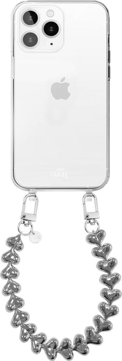 xoxo Wildhearts siliconen hoesje geschikt voor iPhone 12 Pro Max hoesje - Funky Hearts - Telefoonhoesje - Hoesje met koord - Zilver koord - kort telefoonkoord - Hartjes ketting - Transparant hoesje