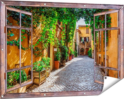 Gards Tuinposter Doorkijk Straatje in Rome met Groene Planten - 120x80 cm - Tuindoek - Tuindecoratie - Wanddecoratie buiten - Tuinschilderij
