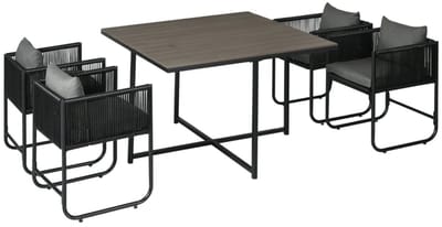 Tuinset - 5-delige Zitgroep - met 1 Tuintafel & 4 Tuinstoelen met Zitkussens - Tuinmeubelset voor 4 Personen - Tuintafelset - Tuin Eetset - Diningset - Weerbestendig - Polyrattan - voor Terras, Balkon, Tuin - Zwart / Grijs