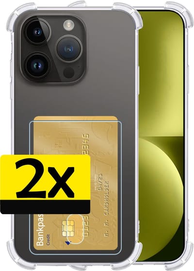 Hoesje - 2 Stuks - Geschikt voor Apple iPhone 15 Pro - Met Pashouder en Kaarthouder - Telefoon Hoes Shockproof - Siliconen Case - Back Cover - Shock Proof - Pasjes Houder - Telefoonhoesjes - Transparant