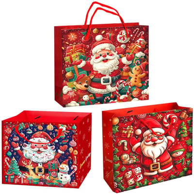 Dailygoods- Geschenkzakjes herbruikbaar - 3 stuks - Kerstcadeauzakjes - Cadeauzakjes papier - Rood - Afmetingen 26 x 11 x 20 cm - Cadeauzakje