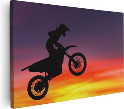 Artaza Canvas Schilderij Motorcross - 30x20 cm - Klein - Muurdecoratie Zon - Wanddecoratie Silhouet - Kamer Accessoires